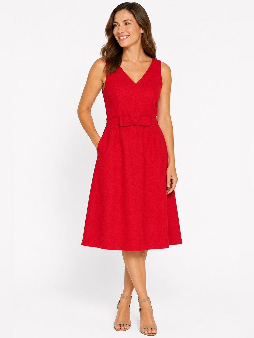 J.Peterman NWT Floral Textured Red Rose Belted Bow For and Flare Dress Size 14